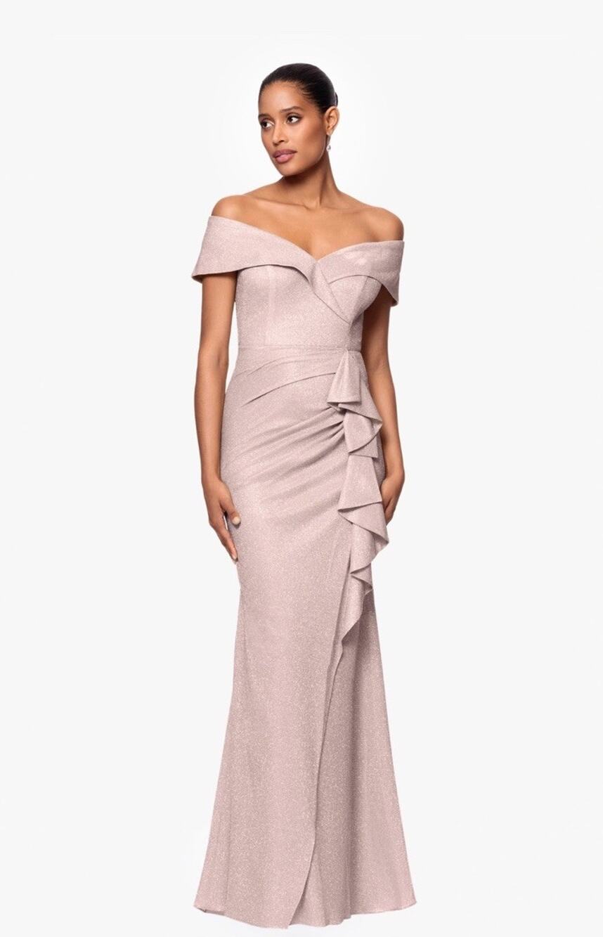 XSCAPE "Raveena" Long Foil Knit Off Shoulder Floor Length Ruffle Dress 12 NWT